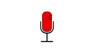 Red vintage microphone icon animated on a white background.