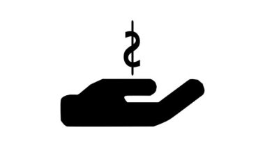 Black silhouette of a hand holding a dollar sign animated on white background.