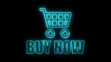 Çevrimiçi alışveriş ve satış promosyonu için Buy Now metin konsepti içeren alışveriş arabası simgesine sahip neon tabela.