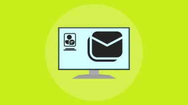 E- posta bildirimi kullanıcı profili ve konuşma baloncukları içeren bilgisayar yeşil bir arkaplanda canlandırıldı.Yeşil bir arkaplanda canlandırıldı.