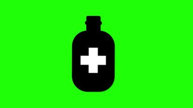 Beyaz haçlı siyah ilaç şişesi ve yeşil arka planda tek damla canlandırılmış..