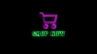 Neon sign with a shopping cart icon and text shop now animated on a dark background.