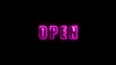 Animated neon sign with the word open in bright pink on a dark background.