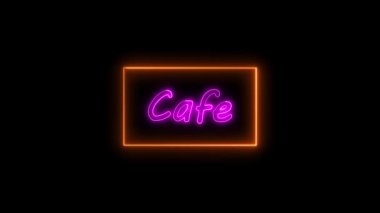 Neon cafe sign glowing in vibrant pink and orange colors against a animated dark background.