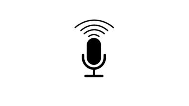 Black microphone icon with radio waves animated on a white background.