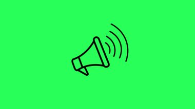 Simple line drawing of a megaphone animated on a bright green background.