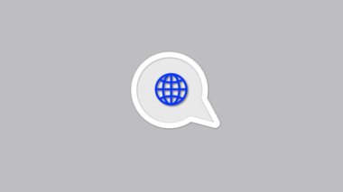 Icon of a globe inside a speech bubble animated on a grey background.