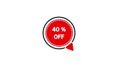 Red and white discount badge with 40% off text animated on a white background.