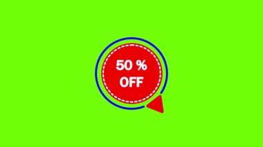 Red and white 50% off discount badge animated on a bright green background.