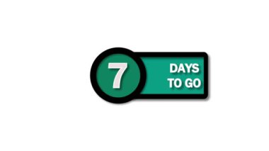 Green and black displaying 7 days to go text animated on a white background.