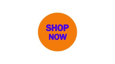 Orange button with shop now text in purple animated on a white background.