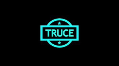 Siyah arkaplan üzerine mavi bir rozet takılmış yıldızlı kalın bir TRUCE metni.