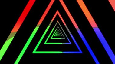 Renkli neon üçgenlere sahip soyut arkaplan siyah bir arkaplan üzerinde canlandırıldı.