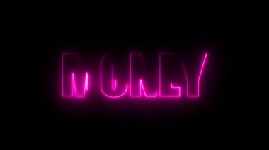 Neon sign with the word money glowing in pink against animated a dark background.