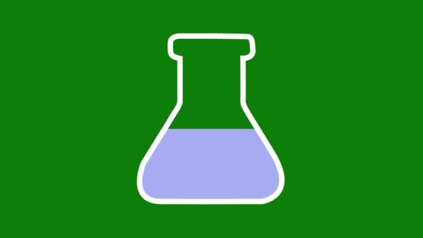 蓝色液体隔离在绿色背景下的实验室瓶的图标 — 图库视频影像