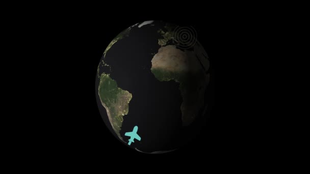 Ícone Avião Voando Sobre Mapa Mundo Que Representa Viagens Globais — Vídeo de Stock