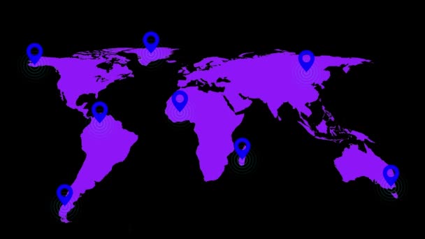 Mapa Mundial Con Marcadores Localización Azul Que Indican Puntos Acceso — Vídeos de Stock