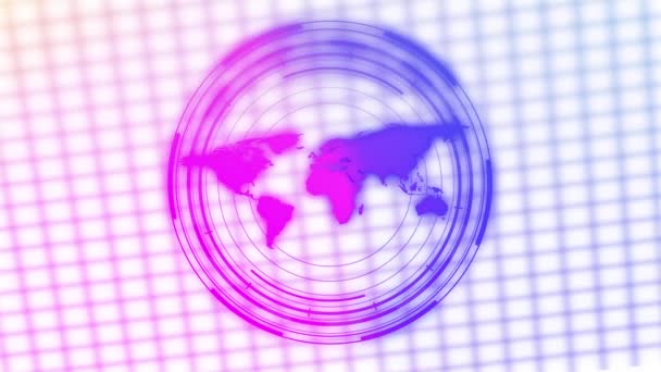 Abstraktní Digitální Barevná Mapa Světa Kruhovými Čarami Animovanými Pozadí Mřížky — Stock video