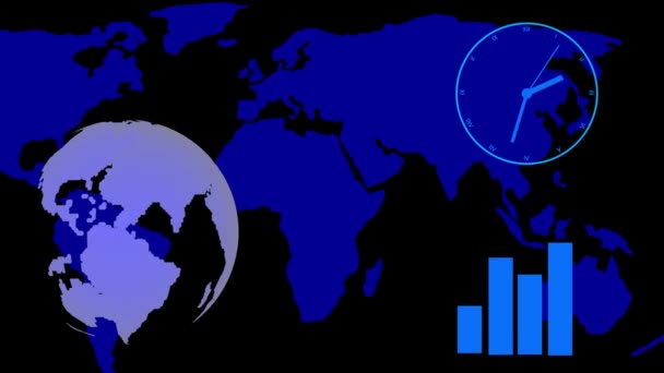 Global Business Concept World Map Clock Bar Graph Indicating Growth — Stock Video