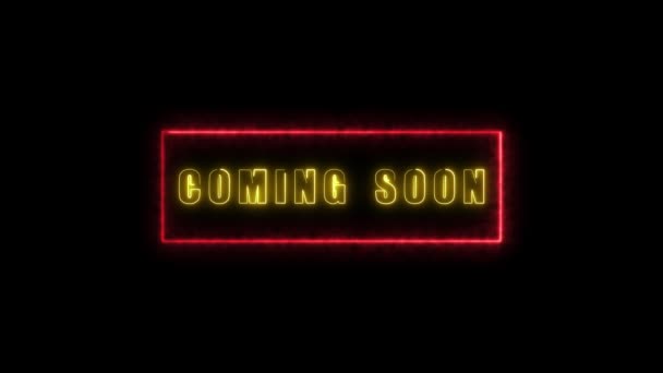 Neon Glowing Words Coming Soon Bright Yellow Animated Dark Background — 图库视频影像