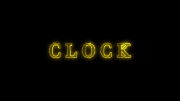 Neon Sign Word Clock Glowing Yellow Animated Dark Background — Stock video