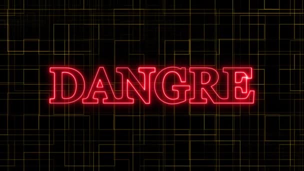 Neon Sign Word Danger Red Animated Dark Grid Background — Stock Video