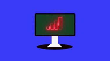Kırmızı çubuk grafik büyümesini gösteren mavi arkaplandaki bilgisayar monitörü.