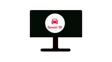 Bilgisayar monitörü beyaz arkaplanda 30 'luk bir trafik sembolü ve hız limiti içeren kırmızı üçgen uyarı işareti gösteriyor.