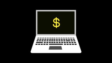 Ekran simgesinde dolar sembolleri olan dizüstü bilgisayar simgesi canlandırılmış siyah arkaplan.