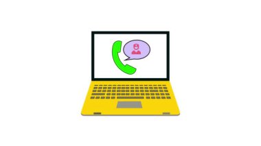 Ekranda beyaz arkaplanda canlandırılmış çağrı simgesi ve konuşma balonu olan sarı dizüstü bilgisayar.