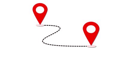 İki kırmızı lokasyon iğnesi kesikli bir çizgiyle bağlandı. Beyaz arka planda canlandırıldı..