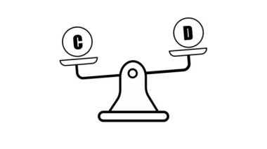 Her iki tarafında C ve D harfleri olan bir denge ölçeğinin siyah ve beyaz çizimi beyaz arkaplanı canlandırır.