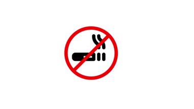 No smoking sign with a red prohibition circle and cigarette icon animated on a white background.
