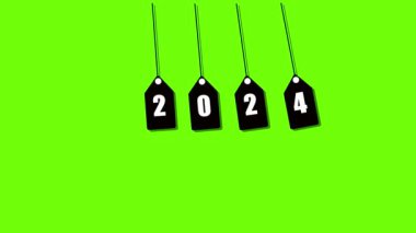 Four black tags with the numbers 2024 hanging against a bright green background.