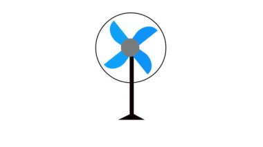 Simple illustration of a blue electric fan animated on a white background.