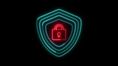 Neon çizgileri oluşturan dijital güvenlik kavramı ve siyah arka planda kırmızı renkte parlayan asma kilit sembolü..