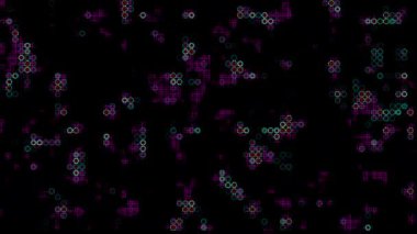 Siyah bir fon üzerinde ışıldayan mor ve gök mavisi geometrik şekillere sahip soyut dijital arkaplan.