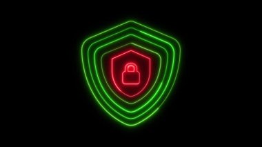 Neon çizgileri oluşturan dijital güvenlik kavramı ve siyah arka planda kırmızı renkte parlayan asma kilit sembolü..