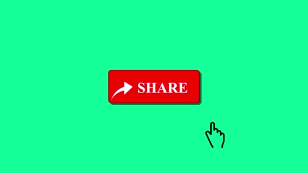 红色共享按钮动画在明亮的绿色背景 社交媒体和数字营销的设计理念 — 图库视频影像