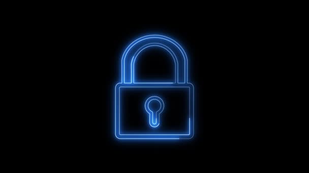 黒い背景にアニメーションされたネオンブルーパドロックアイコン サイバーセキュリティとデジタルプライバシーを象徴する — ストック動画