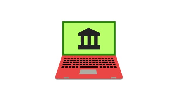 Animowany Czerwony Laptop Zielonym Ekranem Wyświetlającym Ikonę Banku Białym Tle — Wideo stockowe