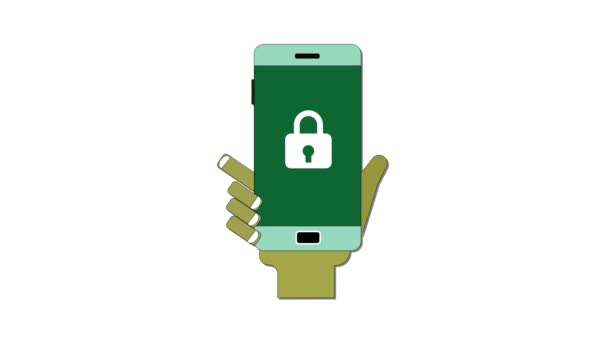 モバイルセキュリティやプライバシーを象徴するパドロックアイコンでスマートフォンを保持するアニメーションハンド — ストック動画