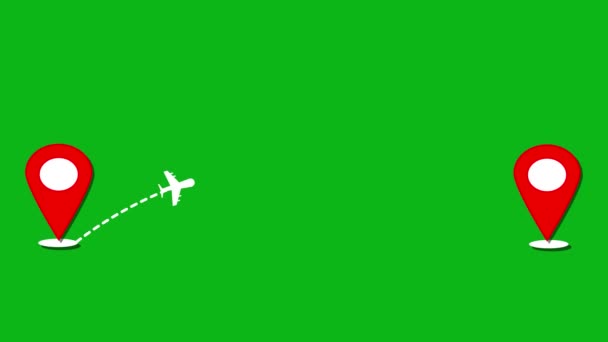 Minimalistyczny Projekt Samolotu Lecącego Pomiędzy Dwoma Czerwonymi Pinami Lokalizacyjnymi Animowanymi — Wideo stockowe