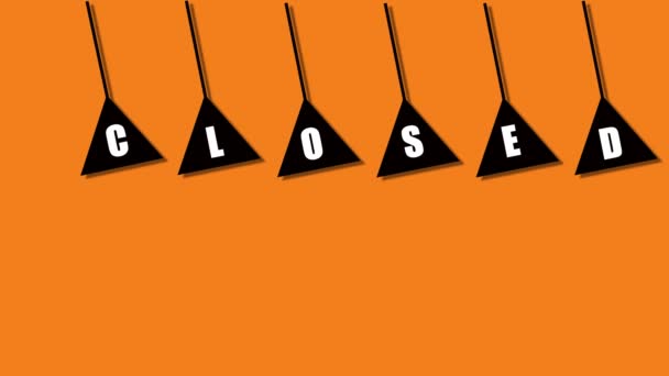 Five Black Hanging Signs Letters Spelling Closed Animated Orange Background — 图库视频影像
