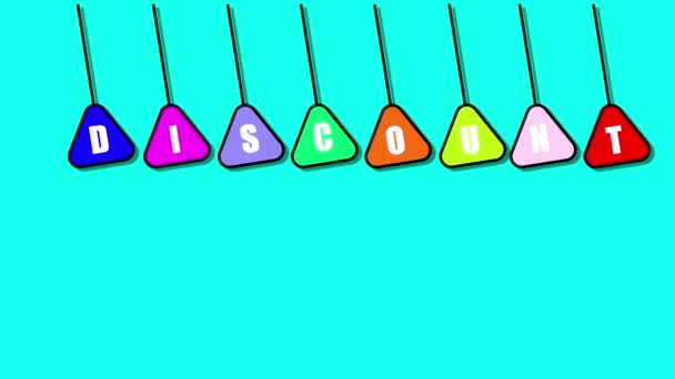 Colorful Hanging Tags Letters Spelling Discount Animated Teal Background — Vídeo de Stock