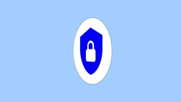 軽い青色の背景にアニメーション化された青い盾のパドロックシンボルを備えたミニマリストデジタルセキュリティアイコン — ストック動画