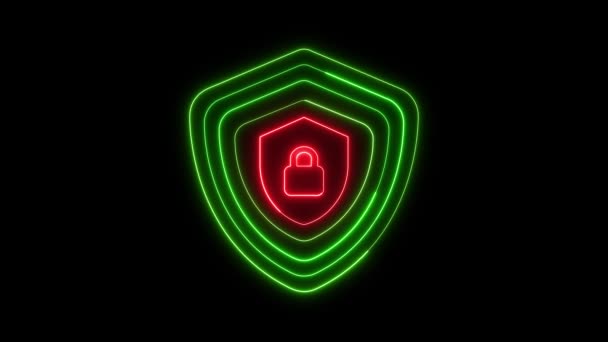 Koncepcja Bezpieczeństwa Cyfrowego Neonami Tworzącymi Tarczę Symbolem Kłódki Świecącym Kolorze — Wideo stockowe