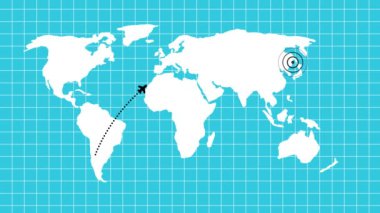 Dünya haritası üzerinde hareket eden bir uçak. Uçak uçuş animasyonu.