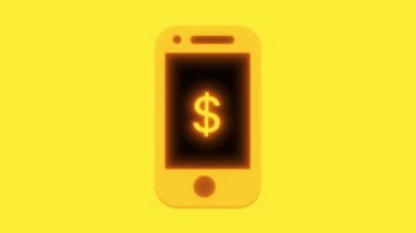 Animasyon akıllı telefon, ekranında bir dolar işareti, sarı arka planda..