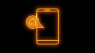 Koyu arkaplan üzerine ev simgesi çizilmiş bir akıllı telefonun neon çizgisi.